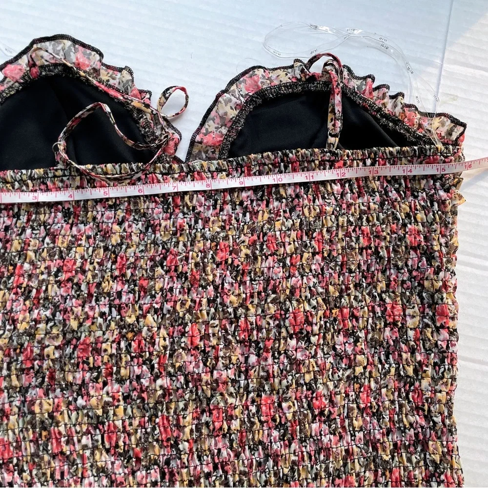 UO Iris Black Floral Sweetheart Spaghetti Strap Ruched Stretch Mini Dress - Picture 11 of 12